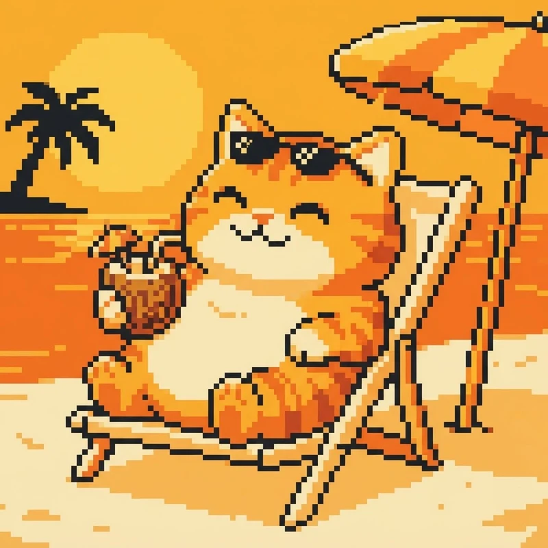 Happy orange pixel cat relaxing in a beach chair with a coconut drink