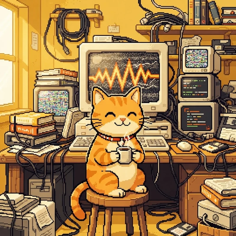 Unbothered orange pixel cat drinking coffee at a chaotic computer desk