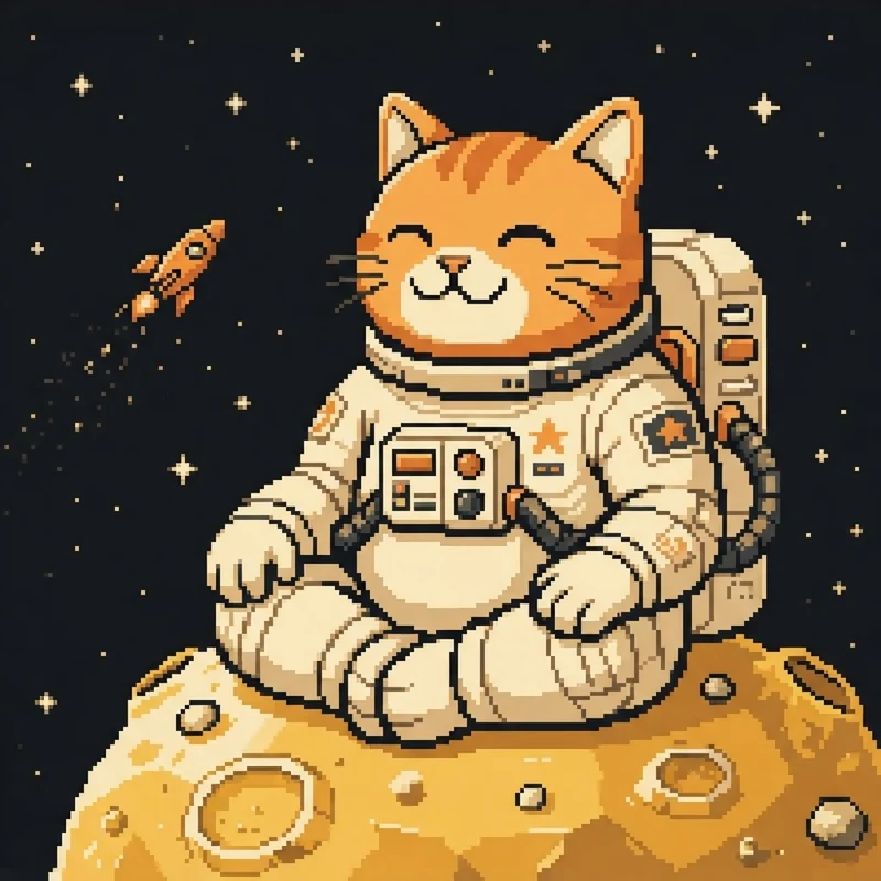 Orange pixel cat in an astronaut suit relaxing on the moon